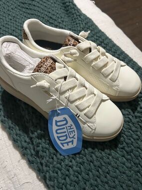 Hey Dude Cream Sneakers with Leopard Detail Karina Duo NWT